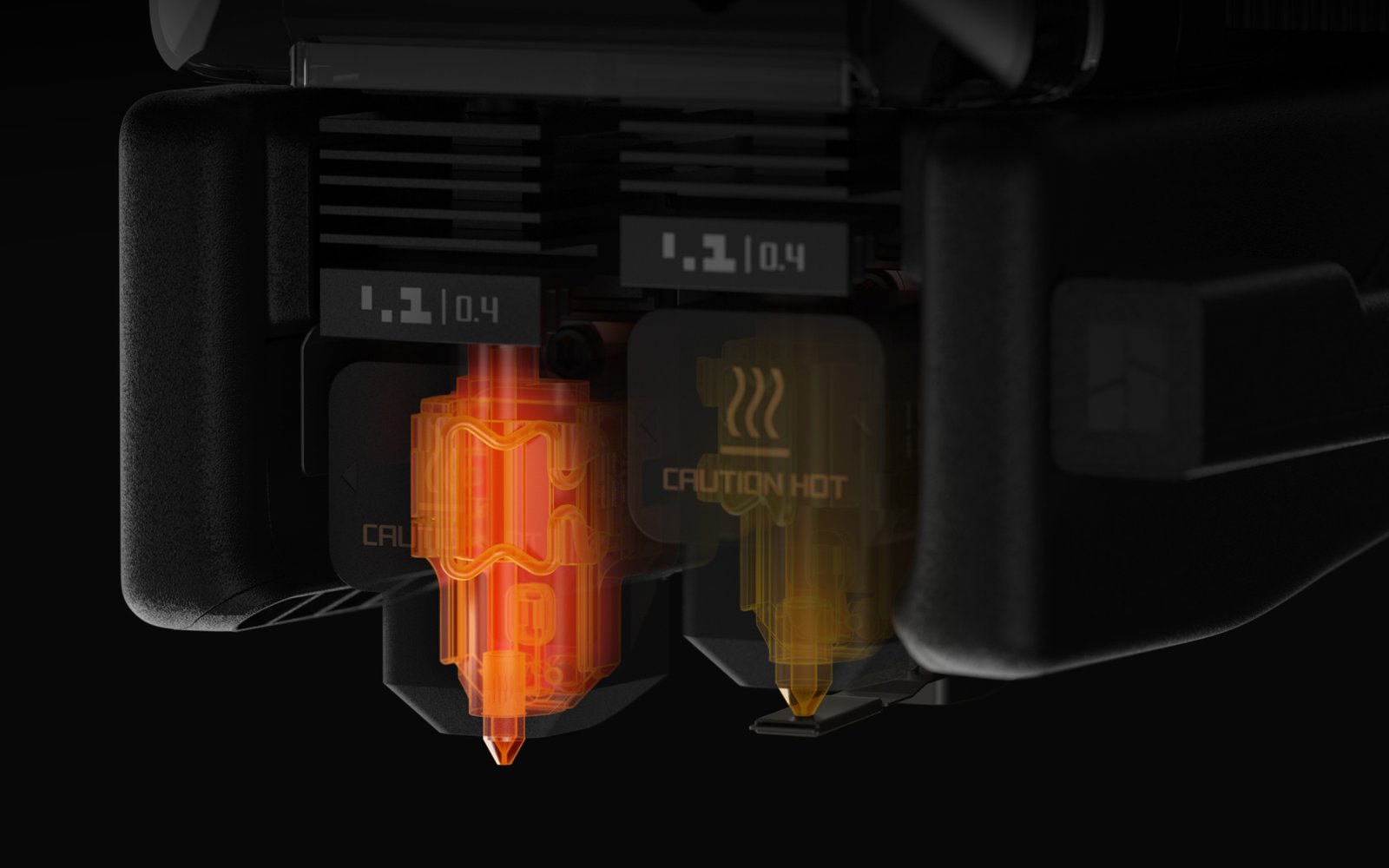 Doble extrusor de la Bambu Lab H2D, un hotend activo y uno en espera
